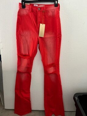 Aphrodite Red Distressed Flare Jeans
